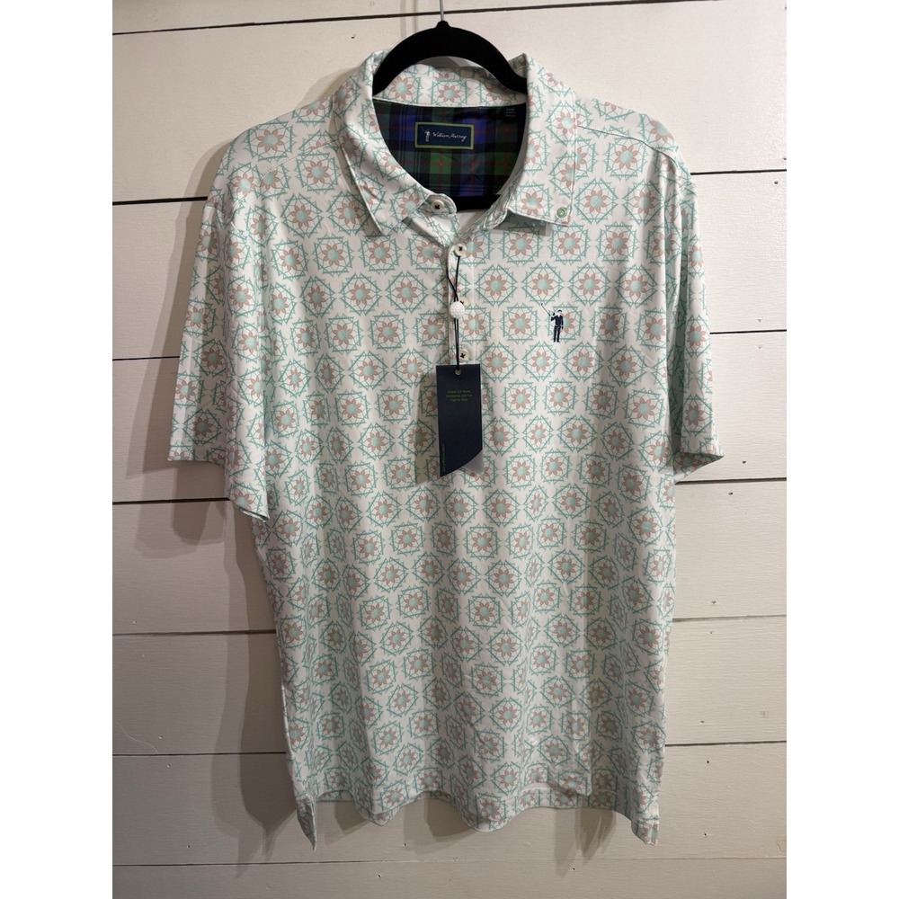 NWT William Murray Polo Shirt Mens Large Teal Orange Geometric Performance NEW